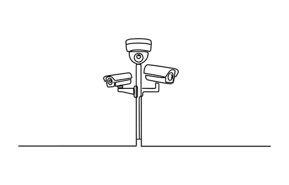 Continuous one line drawing of a security camera pole with multiple surveillance cameras for monitoring and protection isolated on transparent background