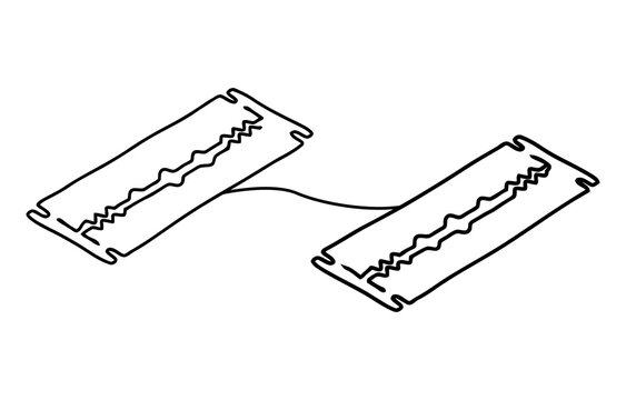 Two thin metal razor blades shown in a simple black line art style illustration isolated on transparent background