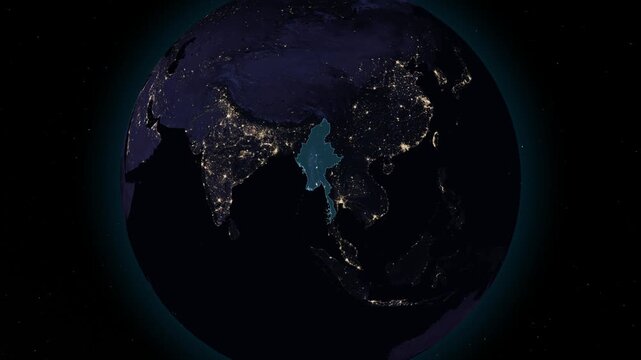Myanmar night globe. City lights, zoom, spin, outline glow, pullback, ring reveal for Myanmar. Elements of the animation furnished by NASA.
