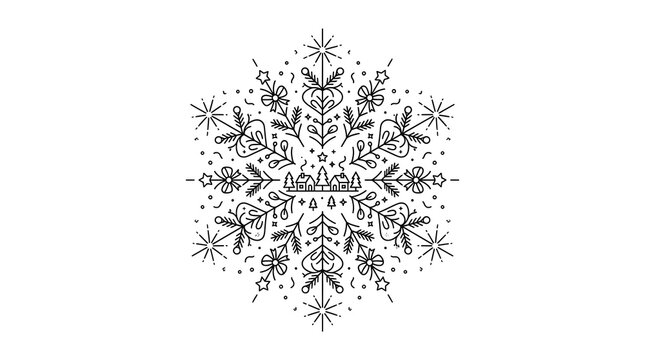 Intricate snowflake vector illustration features a winter village scene within its design