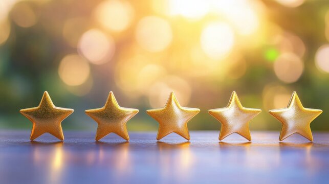 Customer feedback with five golden stars shiny rating symbols and