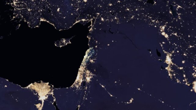 Lebanon night globe. City lights, zoom, spin, outline glow, pullback, ring reveal for Lebanon. Elements of the animation furnished by NASA.