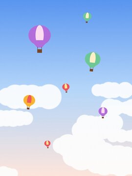 Colorful hot air balloons floating in blue sky
