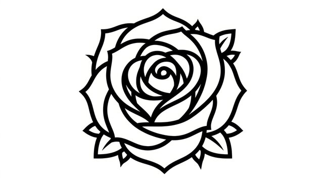 Black and white line art illustration of a blooming rose flower with petals with drawing single blooming simple black floral