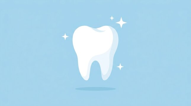 A shiny clean white tooth icon centered on a soft blue background with sparkling stars light single clean illustration care