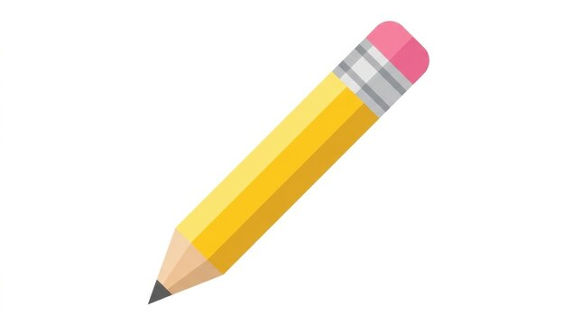 A single yellow pencil with a pink eraser isolated on a plain white background with wooden pencil grey grey metal ferrule