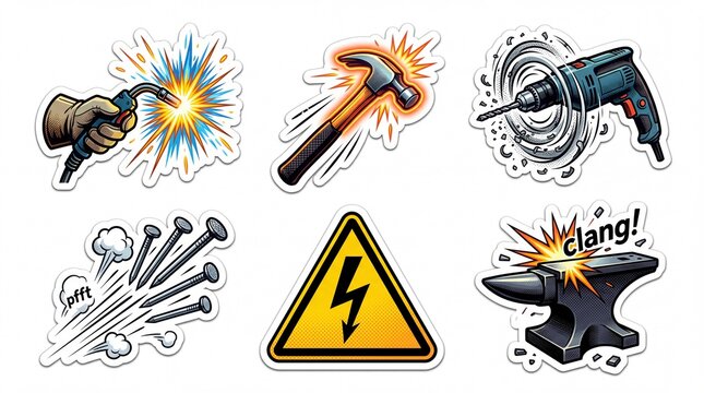 Energetic illustrations of construction and industry elements like welding, hammer strike, drill, nails, danger sign, and anvil impact.