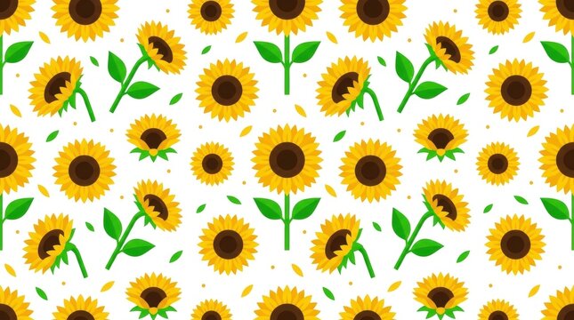 Seamless pattern with yellow sunflowers on a white background with graphic sunflowers green repeating pattern flat botanical