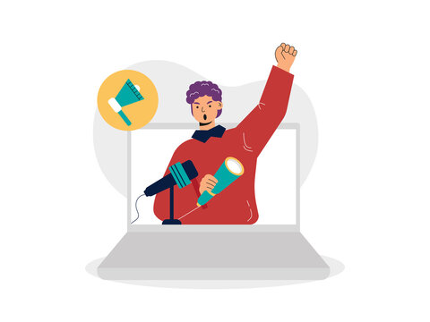 A man emerging from a laptop screen while holding up a megaphone and a raised fist symbolizing online activism or digital campaigning. Protest illustrations. Flat vector concepts.