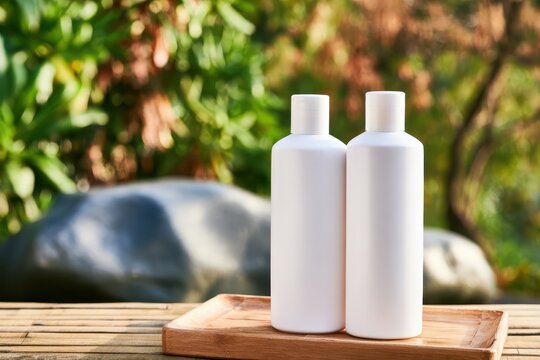 Two white bottles on a wooden tray outdoors