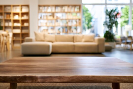 Wooden table in front of a blurred living room interior