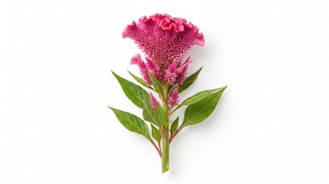 Top View Fresh Magenta Pink Celosia Flower with Green Leaves Isolated on White Surface