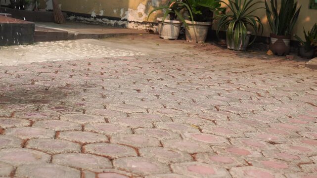 water splashing onto dry hexagonal paving blocks in a residential yard.