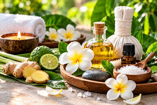 Natural Herbal Spa Products with Essential Oils and Tropical Flowers