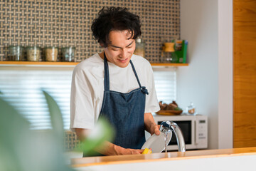 キッチンで笑顔で食器を洗うエプロン姿の男性。家事を楽しむ暮らしのイメージ © buritora