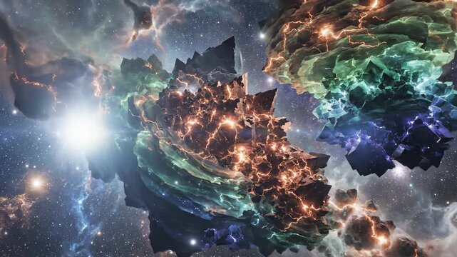 Cosmic Wonder: A surreal, vibrant nebula cradles a floating island of crystal formations, glowing with inner light, set against the vastness of space.