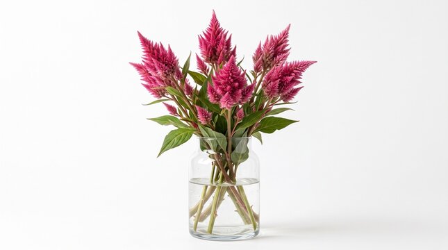 Vibrant Pink Cockscomb Celosia Cristata Flower Bouquet in Transparent Glass Vase on White Background