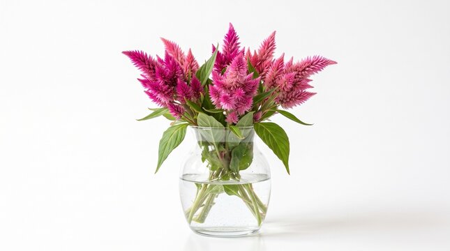 Beautiful Fresh Blooming Pink Cockscomb Celosia Cristata Bouquet in Glass Vase Isolated on White