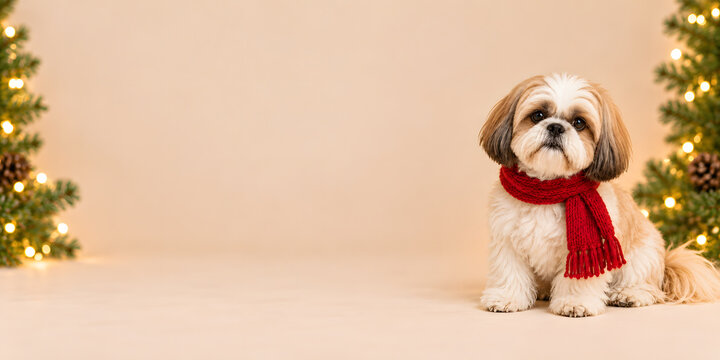 Cream and White Shih Tzu in Red Scarf with Christmas Copy Space
