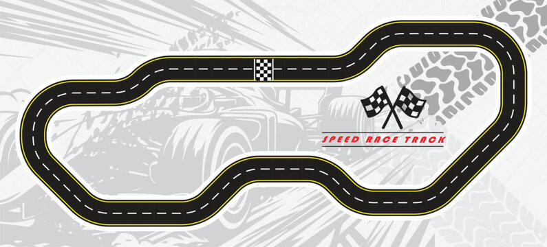 Speed Race Background. Race track in black color with tyre marks and city map on a white background.