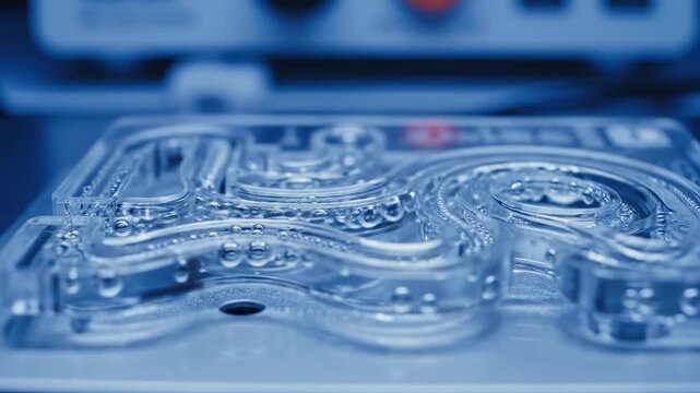 Microfluidic Device for Research: Close-up of a complex microfluidic chip filled with tiny bubbles, hinting at intricate scientific experiments and advanced laboratory analysis.
