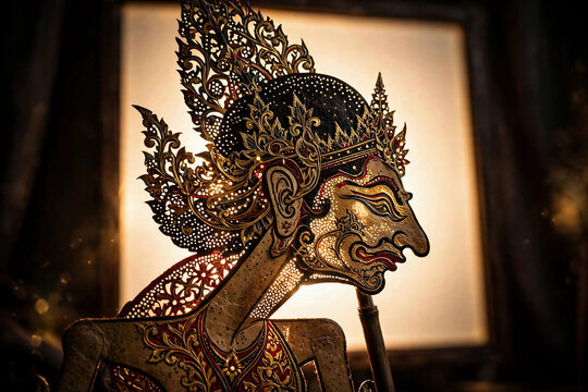 Intricately carved leather wayang kulit shadow puppet against glowing screen in traditional Javanese performance