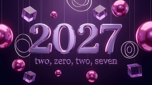 Metallic numerals for two thousand twenty seven float amidst spheres and cubes in a purple scene 2027 newyear year digits numbers floating celebration festive holiday