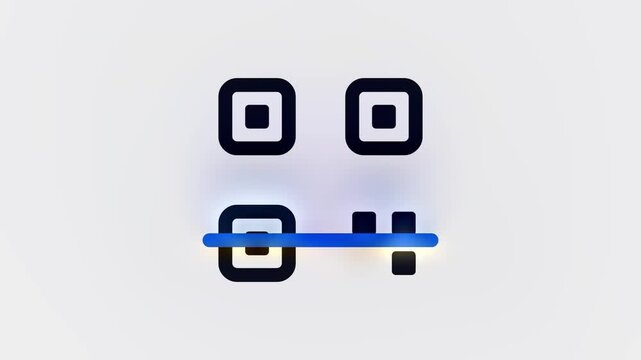 Abstract 3D rendering of a stylized QR code icon with a blue scanning line.