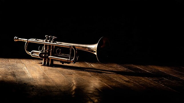 trumpet. A trumpet resting on a dark stage under a solitary spotlight, brass gleaming. event programs, museum guides, designed for cultural heritage projects and event programs, preserves heritage.