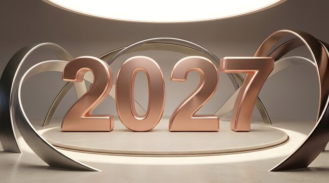 Rose gold numerals displaying 2027 rest on a marble textured stage with curved metallic accents digits rose gold bronze numbers calendar year date platform texture ribbon