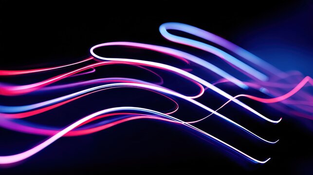 transmission. Modern communication concept with abstract light trails, illustrating dynamic connectivity on a dark background. product launch decks.