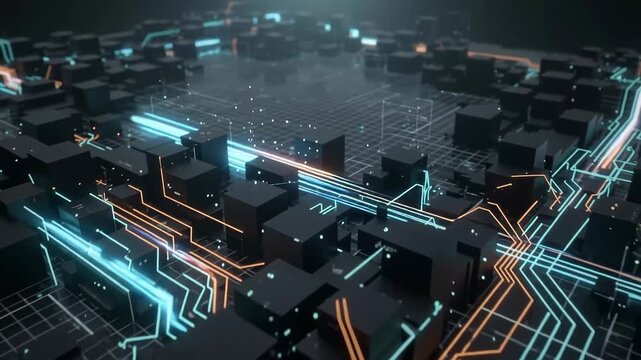 Abstract Futuristic Digital Landscape Featuring Interconnected Electronic Circuitry and Geometric Cubes in a Dark Technological Environment
