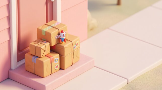 Cardboard parcels on doorstep, delivery packages in front of a house entrance