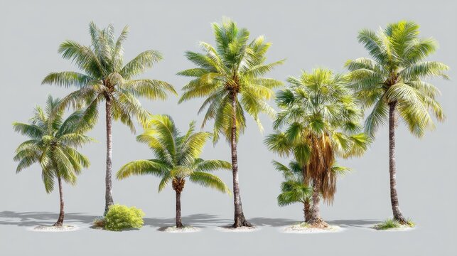 Realistic coconut palm tree collection isolated on transparent background, tropical beach trees with detailed green fronds and natural trunks for island landscapes, summer designs, botanical illustrat