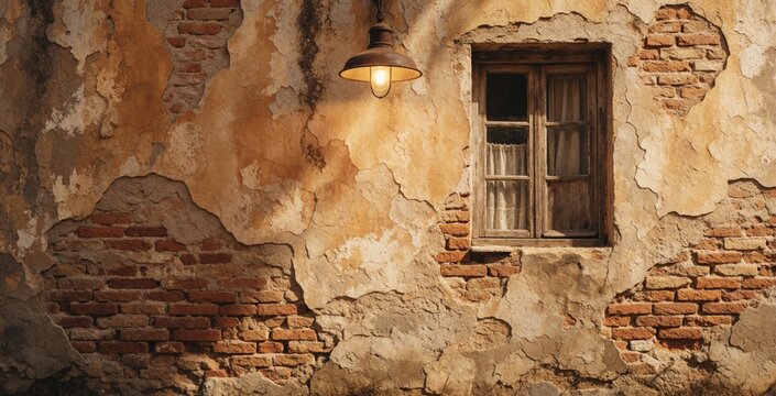Old weathered wall with exposed red brick, peeling plaster texture. Single rustic wooden window with white curtains sits in aged facade. Vintage hanging lamp glows warm light on grunge building