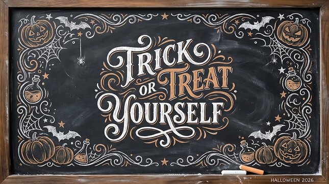 Trick or treat yourself chalkboard sign with hand drawn pumpkins bats and spider webs for halloween holiday celebration decor on a rustic wooden frame background surface