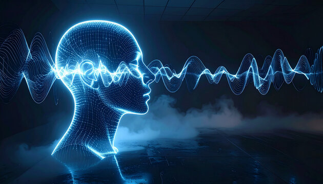 Digital Head Silhouette Featuring State of Art Ai Interface With Glowing Data And Sound Waves