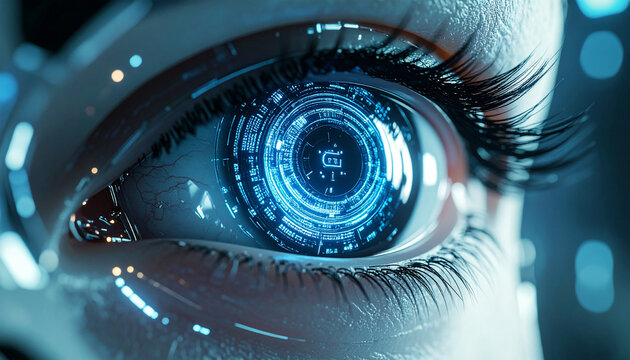 Futuristic Close Up Human Eye With High Tech Digital Iris And Glowing State of Art Ai Interface Technology