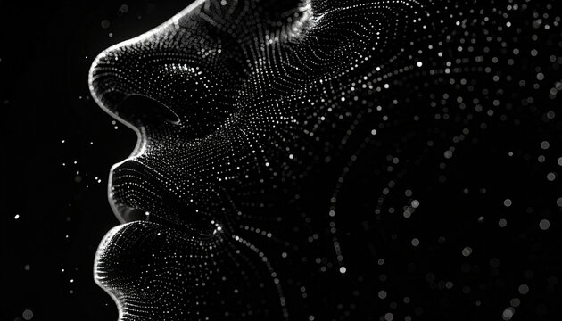 Digital Human Face Profile Formed by Glowing Particles And State of Art Ai Interface Concept