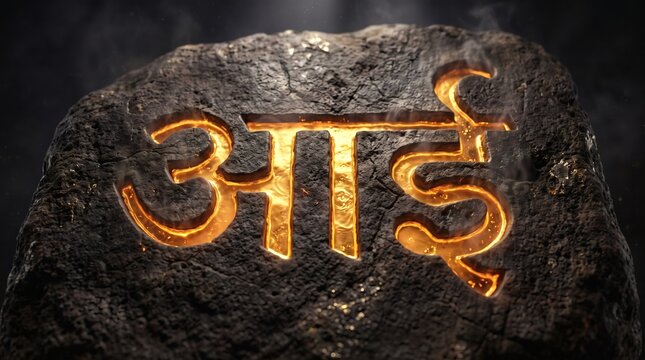 Ancient Stone Carving with Glowing Molten Gold Devanagari Script