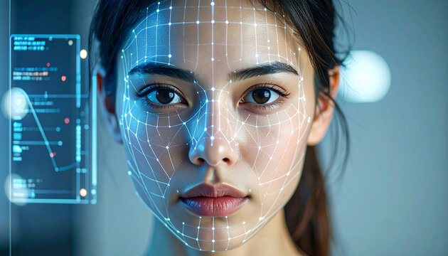 Woman Face With Facial Recognition Grid And Digital Data Overlay Representing State of Art Ai Interface