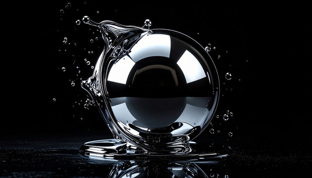 State of Art Ai Interface Concept Featuring Reflective Chrome Sphere And Splashing Water Droplets