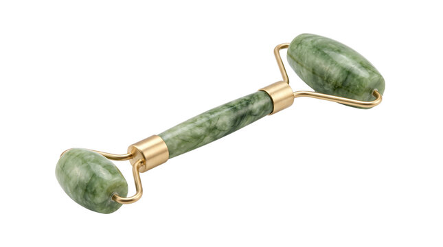 Green jade roller facial massage tool, natural stone face roller on white background, holistic skincare massager for anti aging beauty treatments