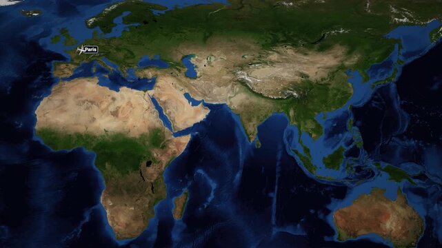 Animated World Map Showing Flight Route from Paris to Seoul