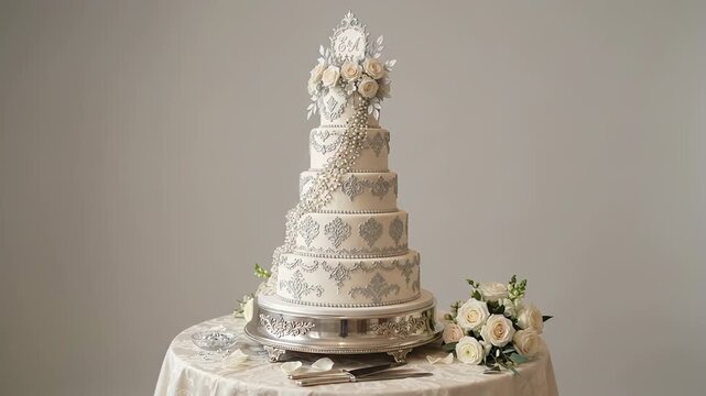 Elegant multi tier wedding cake with floral topper and cream roses on ornate silver stand. Romantic reception dessert, luxury celebration and sophisticated marriage decor