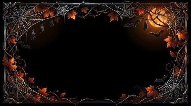 Halloween border frame with spider webs orange autumn leaves and full moon background featuring dark spooky branches for seasonal greeting cards and festive party invitation tem...