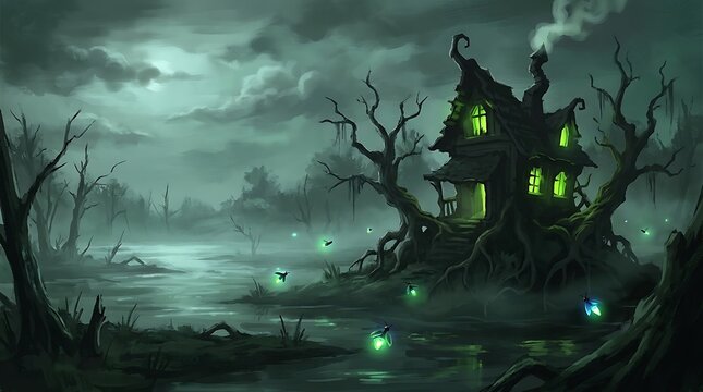 Spooky halloween haunted house with glowing windows and twisted trees in a dark misty swamp under a full moon night sky for eerie holiday seasonal backgrounds