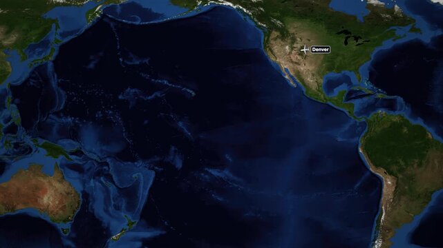Animated Flight Route Map from Denver to Brisbane Across the Pacific Ocean