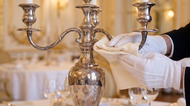 Butler in white gloves polishing ornate silver candelabra, meticulous cleaning action in luxury fine dining restaurant setting, indoor hospitality service photography