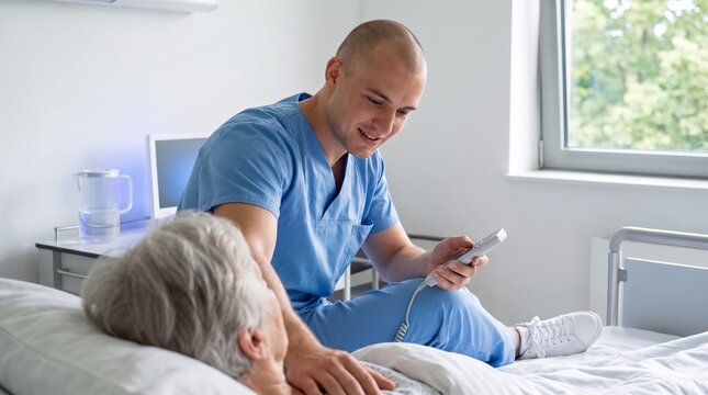 Male nurse in blue scrubs assisting elderly female patient in hospital bed, adjusting position with handheld remote control device, medical care interior setting